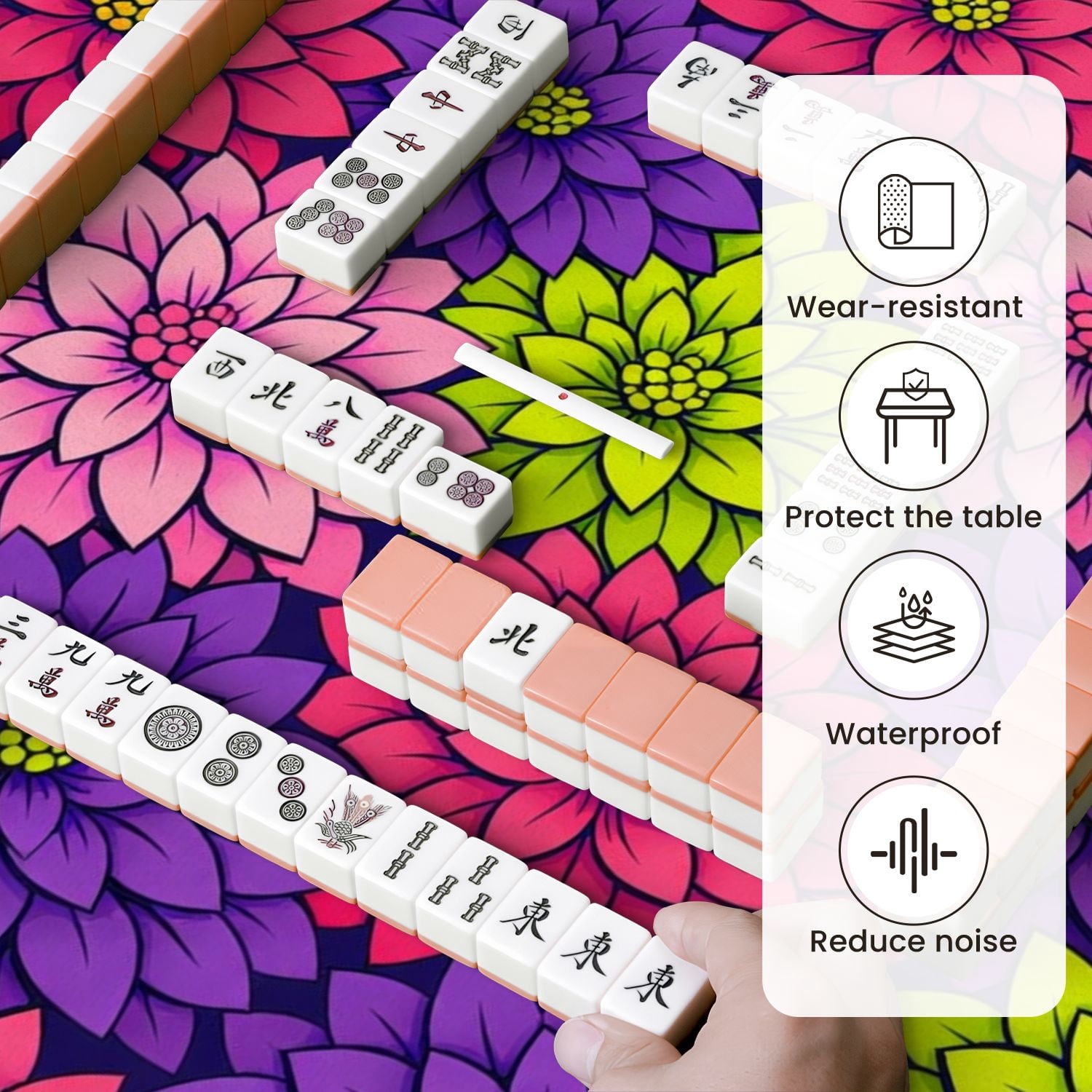 Mahjong Mat 31.5" x 31.5" Colorful Floral Bold Dahlia Flowers Pink Anti-Slip and Noise Reduction Symmetry Design Mahjong Tiles Table Cover for Dominoes Poker Card Board and Tile Games