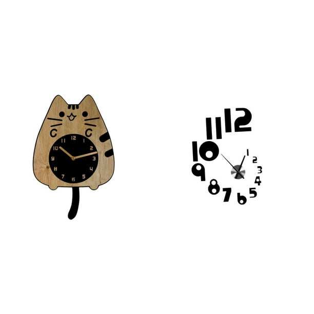 Reloj de pared,Reloj de pared decorativo con forma de gato para sala de estar silenciosa,Reloj de pared de madera,decoración moderna,Reloj de pared DIY,Reloj de pared 3D DIY,pegatinas