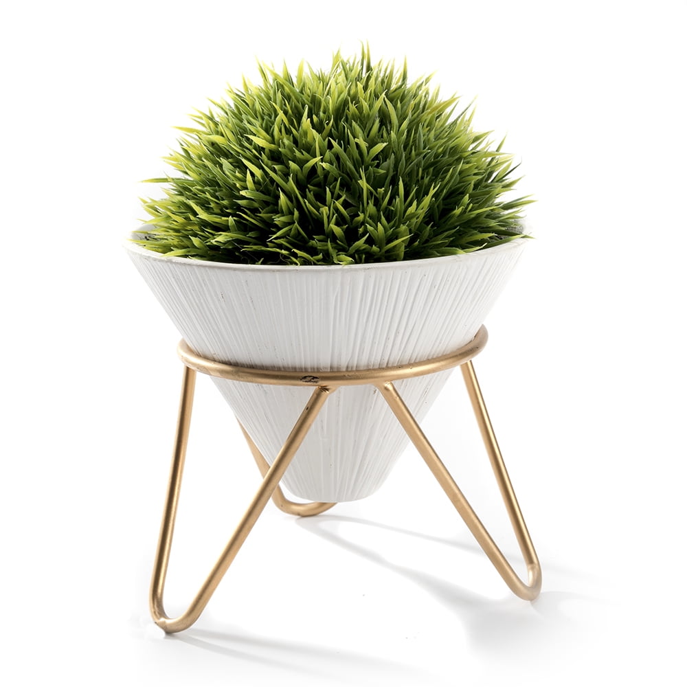 K-Cliffs Modern Design Artificial Plant,Faux Greeny Grass Potted in Conical Shape White Ceramic Pot with a Removable Galvanized Brass Metal Rack