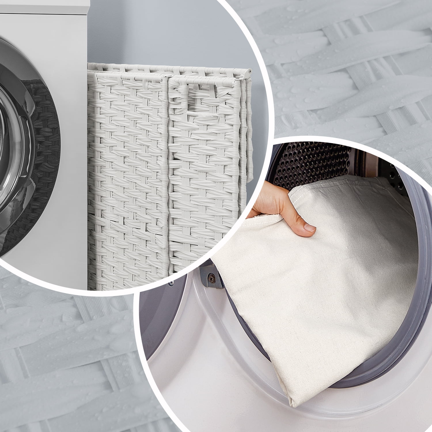 LEDREM 14.5-Gallon Slim Laundry Hamper with Lid, Rattan Clothes Basket with Removable Liner & Handles, Foldable, Space-Saving, Cloud White