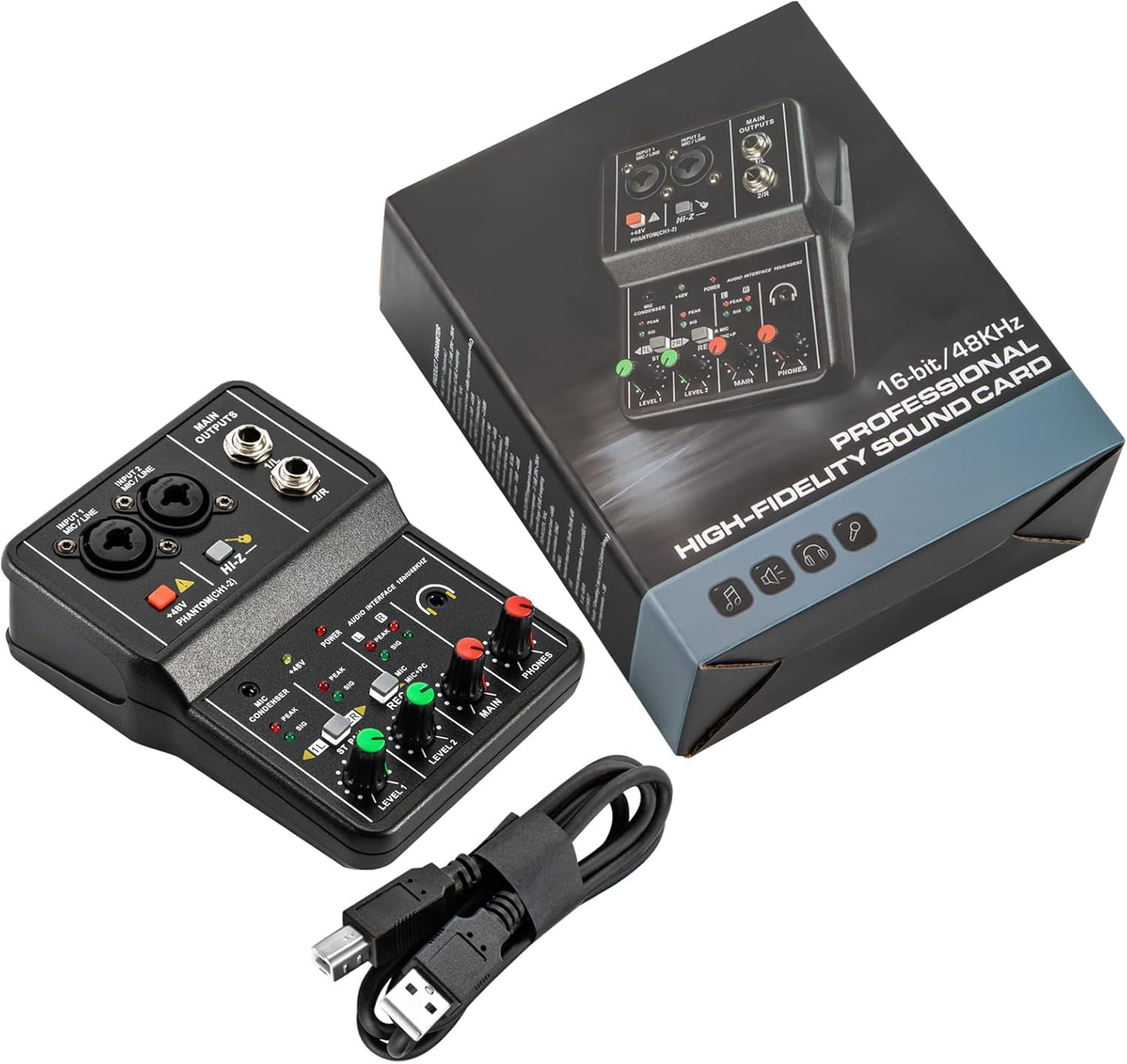 Portable Mini Mixer 2 Channel Audio DJ Console USB 48V Phantom Power Combo Jack Microphone/Guitar XLR+6.35mm, 3.5mm Stereo in for PC Recording Singing Webcast Party
