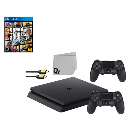 Sony 2215A PlayStation 4 Slim 500GB Gaming Console Black 2 Controller Included with GTA V Game BOLT AXTION Bundle Used