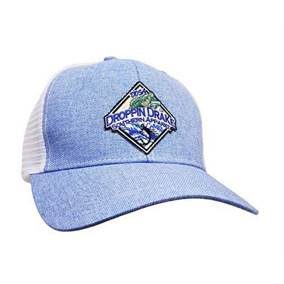Droppin Drake Bass Patch Logo Trucker Mesh Snapback Hat- Heathered Carolina Blue, White Mesh