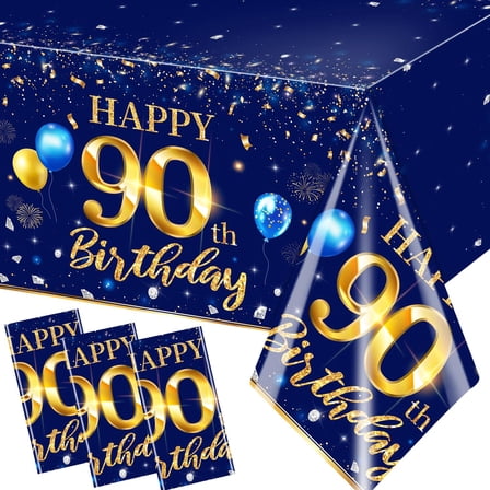90th Birthday Decorations for Men 3pcs Navy Blue Table Covers, Large Rectangular Plastic Waterproof Gold Theme Party Tablecloth, Blue