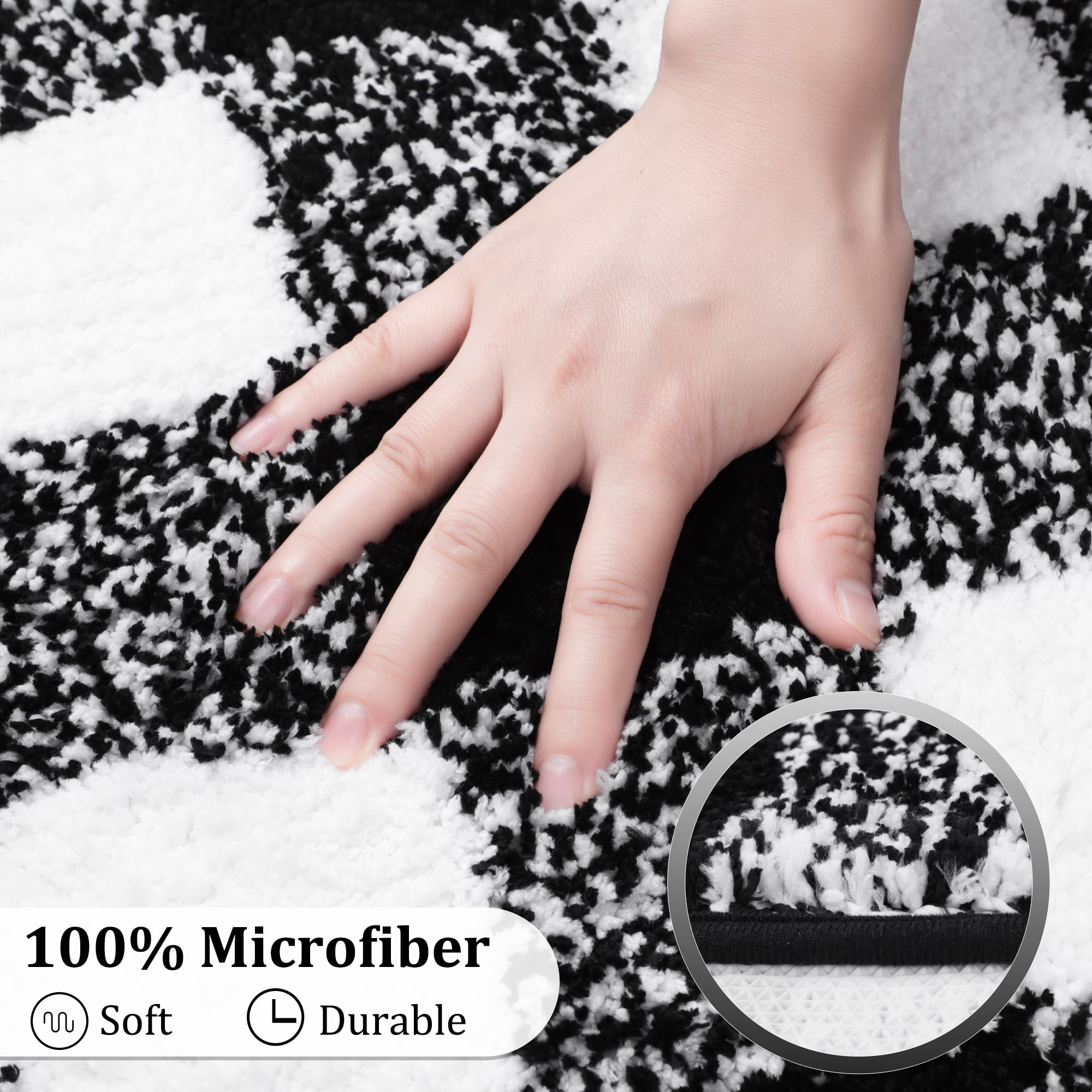 REGALWOVEN Microfiber Plaid Bathroom Rugs, 2 Pcs Extra Soft Fluffy Absorbent Bath Rug Black & White 17"x24"&17"x47"