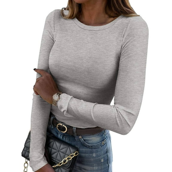 Women Long Sleeve Shirts Rib Knit Slim Fit Tops Fall Outfits Casual T-Shirt Underscrubs Layer Clothes Flower Gray XL
