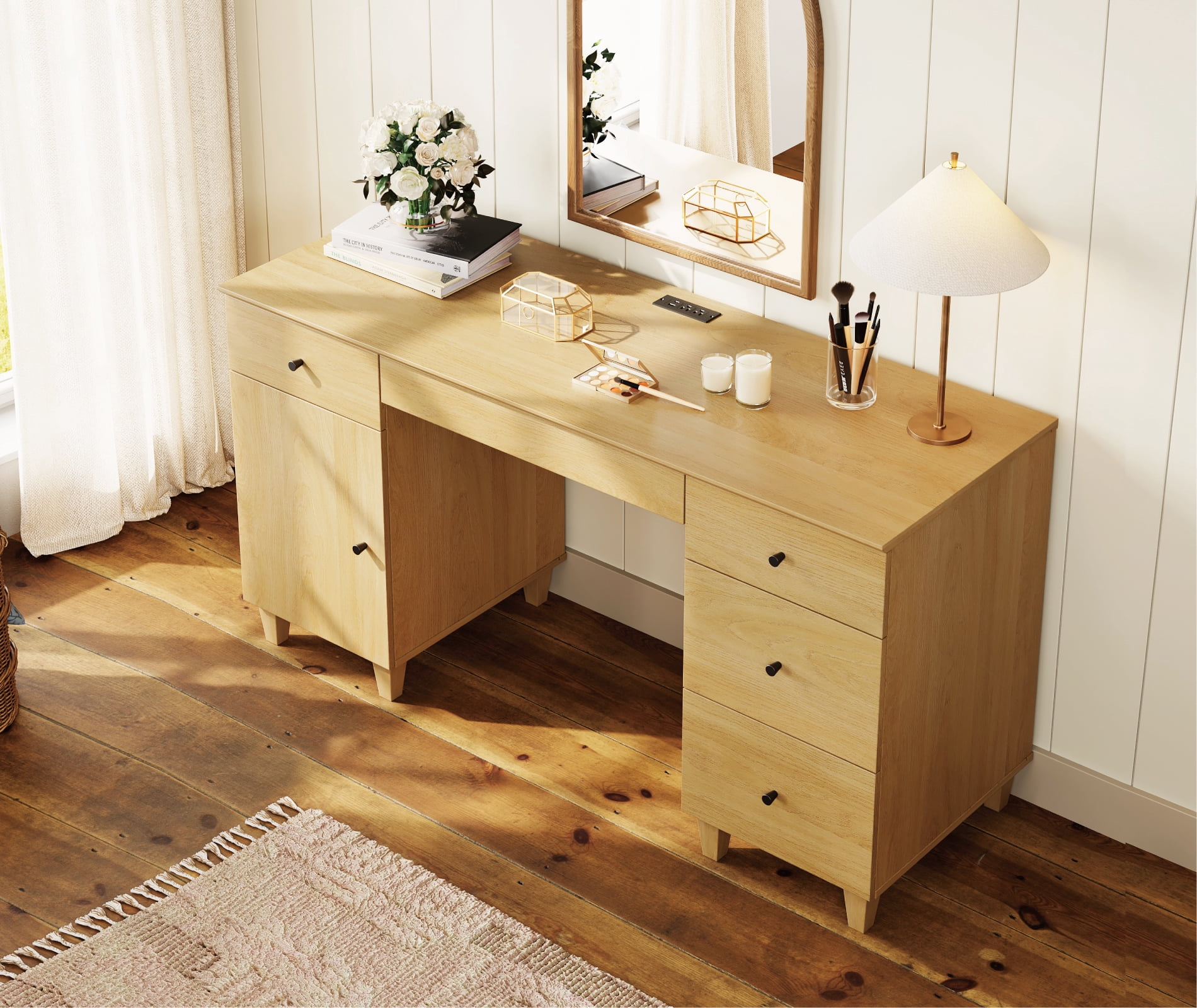 58" Wooden Vanity Desk with Drawers and Cabinet, Modern Makeup Charging Table with Storage for Bedroom, Oak