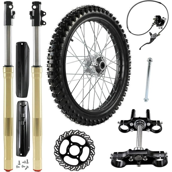 70/100-19 Front Wheel Tire with 15mm Bearing & Brake Master Caliper & Rim Axle & 45mm/48mm Fork Shock Absorber and Triple Clamp Handlebar Riser Set for Pit Pro Trail Dirt Bike