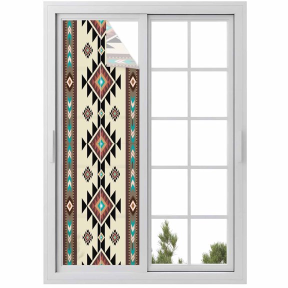 Southwest Geometric Window Privacy Film, Brown Mexican Aztec Boho Tribal Static Cling UV Sun Blocking Heat Control Window Tint Day and Night, Non-Adhesive One Way Windows Privacy Cover 17.7''x78.7''