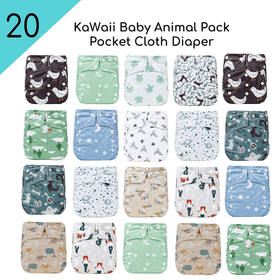 20 KaWaii Baby One Size Printed Snap Pocket Cloth Diaper-Shells, Leakproof Reusable Newborn to Toddler - Spring Sunshine