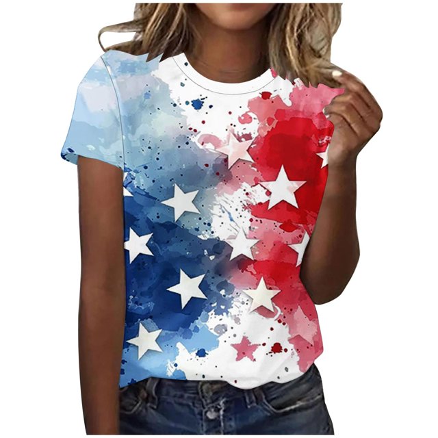 KIHOUT T-Shirt Graphique Imprimé pour la Fête de l'Indépendance pour Femmes, Mode Col Rond Manches Courtes Multicolore m