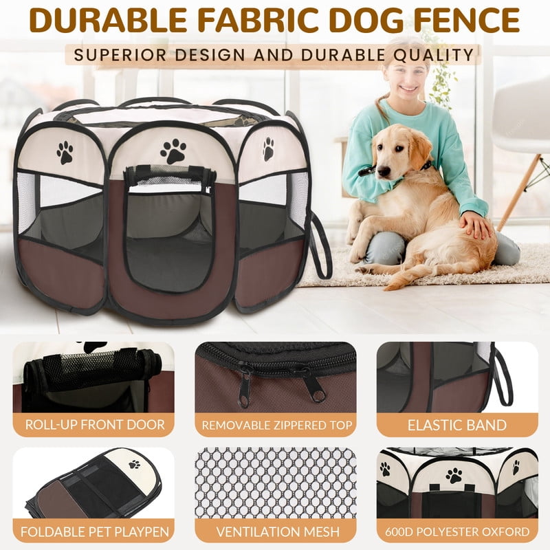 Foldable Octagon Pet Playpen Tent, Oxford Cloth Scratch-Resistant, For Cats & Dogs, 360° Ventilation, Brown，L