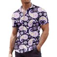 thumbnail image 2 of Mens Fashionable Floral Print Casual Button Down Shirts Short Sleeve Loose Fit Collarless Top Dark Purple XL, 2 of 5