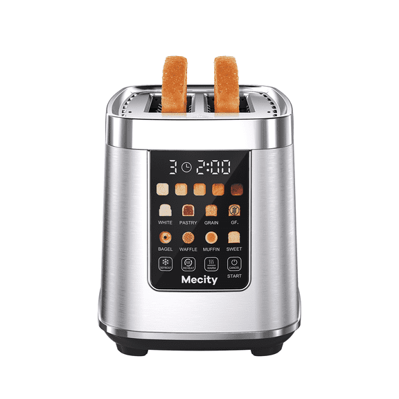Mecity Touch Screen Toaster with Automatic Lift & Keep Warm – 2 Slice Smart Toaster, 5 Browning Levels, 8 Bread Programs, Luxury Stainless Steel Design, 1200W, Silver