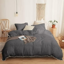 DNG Creations 1 Piece White Pom Pom Duvet Cover with Zipper Closure, 100% Egyptian Cotton, 800 Thread Cotton ( Full/Queen - Solid Dark Grey )