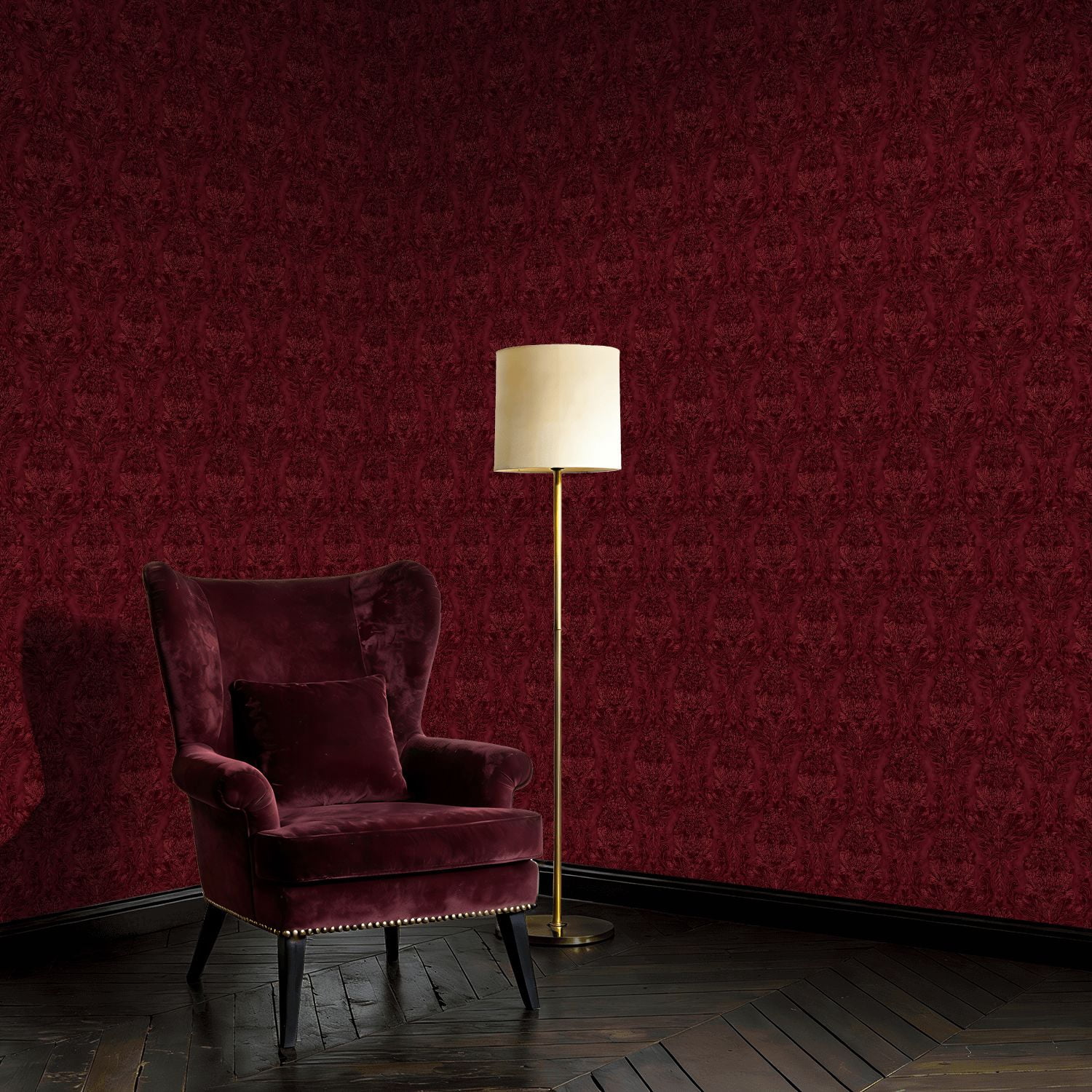 Peel and Stick Wallpaper Baroque Elegant Burgundy Damask Vintage Floral Design Wall Mural 23.6in x 9.8ft Self Adhesive Removable Wall Paper Renter Friendly Wallpaper for Nursery Bedroom Cabinets