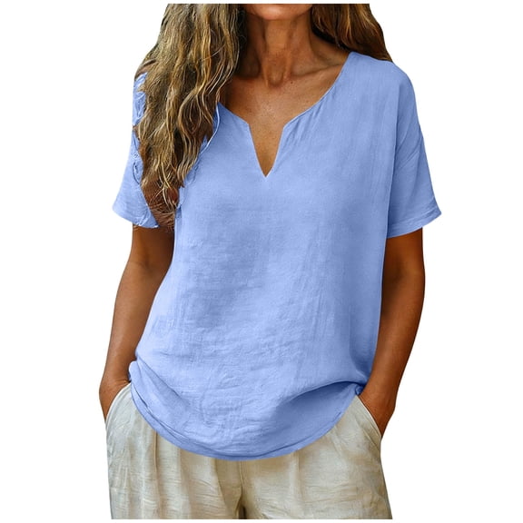 OGLCCG Cotton Linen Tops for Women Short Sleeve V Neck Curved Hem Beach Tops Summer Trendy Casual Loose Fit Vacation Tees,M,Light Blue