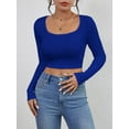 thumbnail image 6 of Long Sleeve Crop Tops for Women Ribbed Square Neck Slim Fitted Casual Lady Fashion Top Royal Blue M, 6 of 7