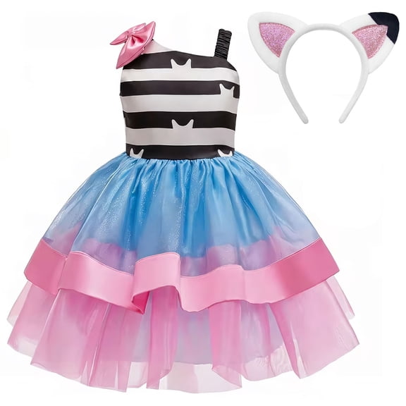 Girls Cat Rainbow Costume Dress with Headband Halloween One Shoulder Birthday Princess Outfit