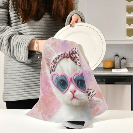 

BZSMCE Kitchen Towels Creative Cute White Cat Pattern Durable Kitchen Towel