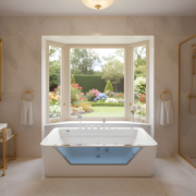 67 Luxury Whirlpool Bathtub with Panoramic Glass Window | 7 Hydro-Massage Jets, Waterfall Faucet & LED Chromatherapy | 1HP 750W Motor, Acrylic Spa Jetted Tub (110V) –Middle Drain