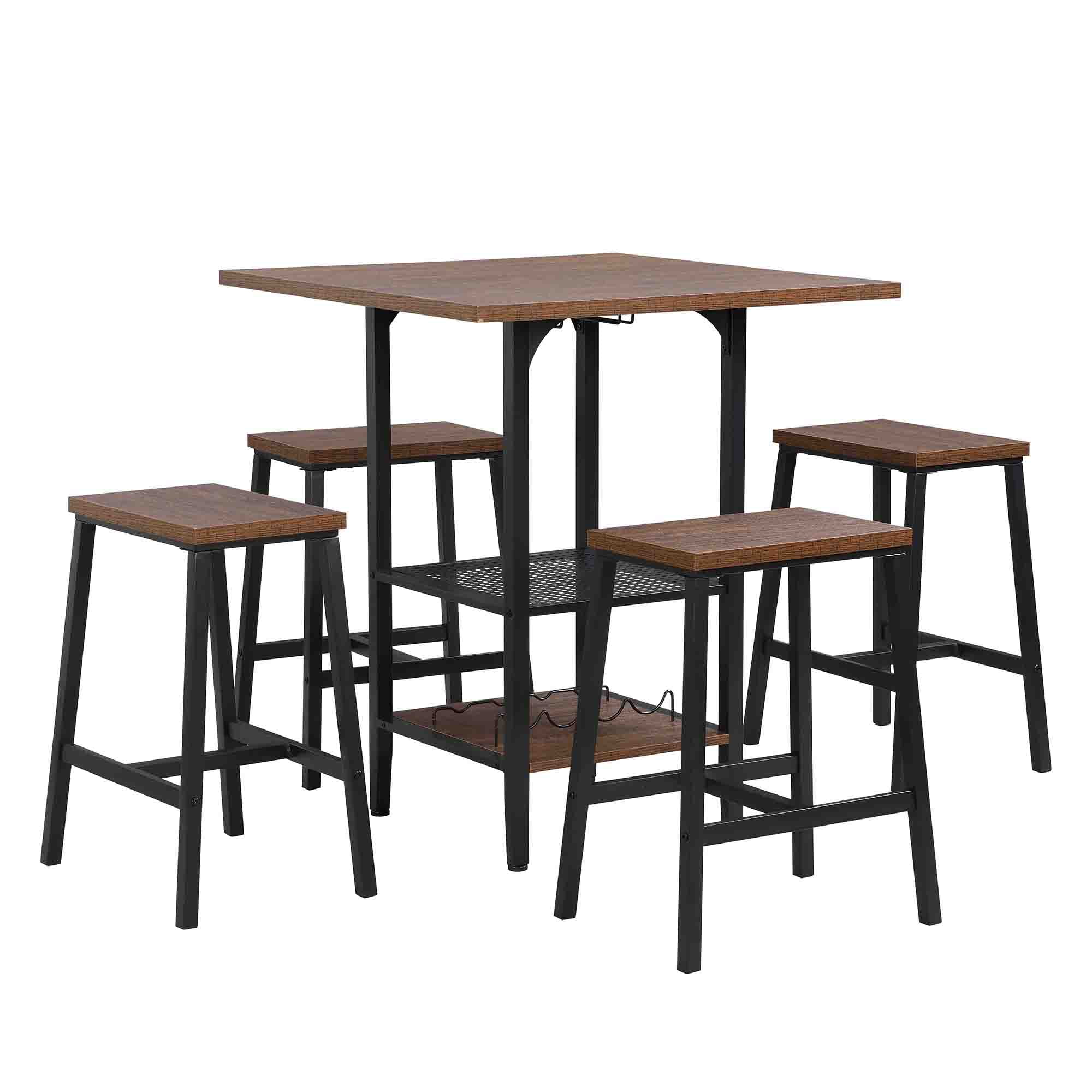 Kadyn Bar Table and Chairs Set for 4, 5-Piece Bar Height Dining Set with Shelves and Glass Holders, Brown