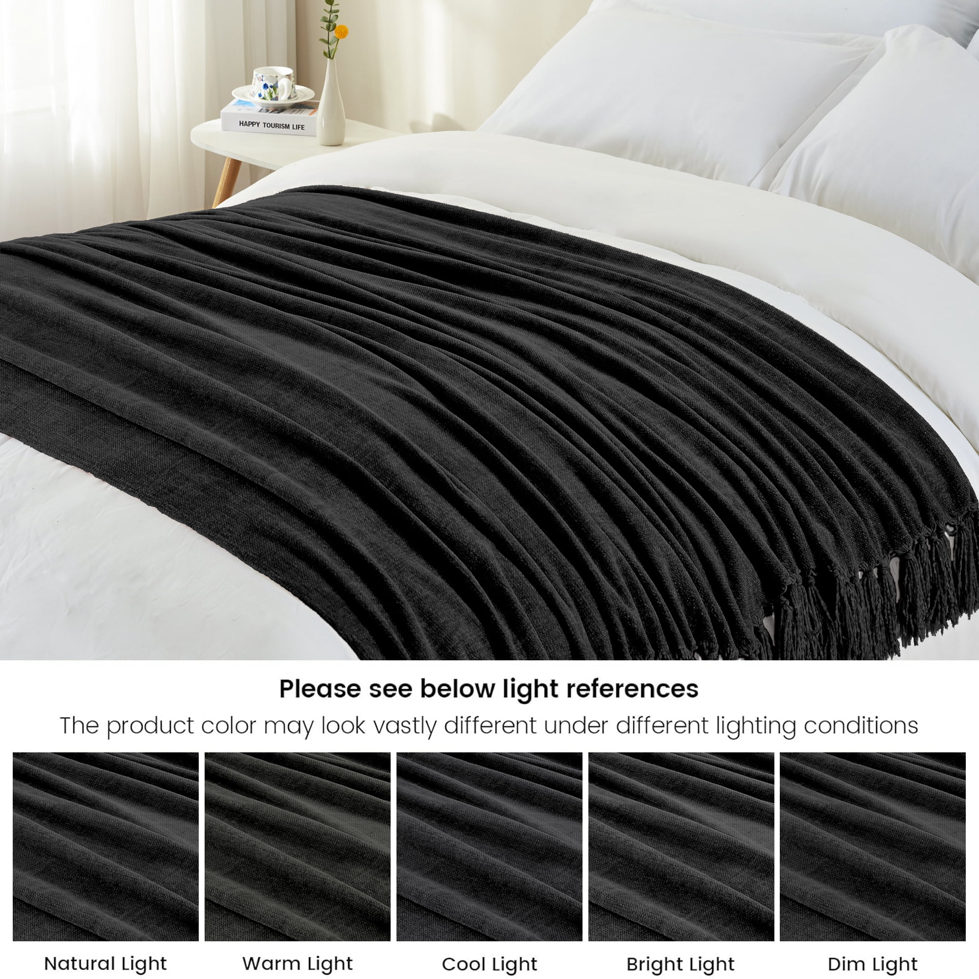 LONG CREATE Chenille Throw Blanket with Fringe Tassel for Couch Sofa Chair Bed, Black 50" x 70"