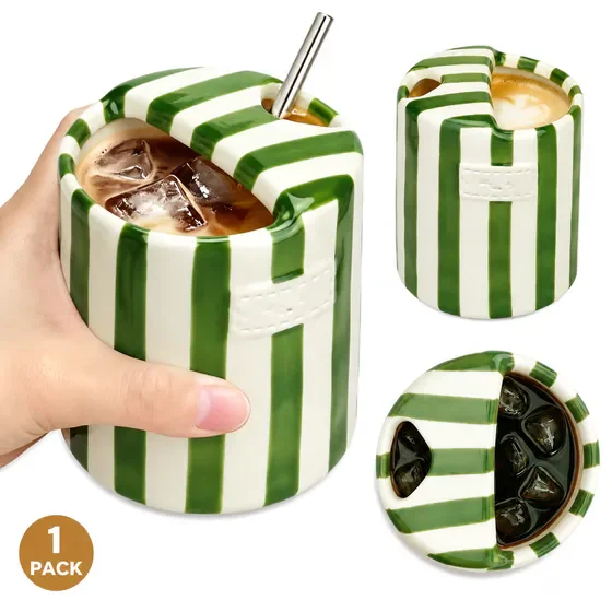 10oz Vintage Handmade Ceramic Coffee Mug, Aesthetic Striped Ceramic Travel Mug with Sip Hole, Reusable Espresso Latte Cup for Home Office Daily Use, Green