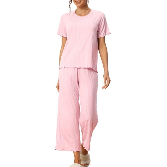 INSPIRE CHIC Ensembles de Pyjama pour Femmes Col Rond Manches Courtes Uni Côtelé Tenue de Nuit Décontractée Pyjamas pour Dames m Rose Pâle