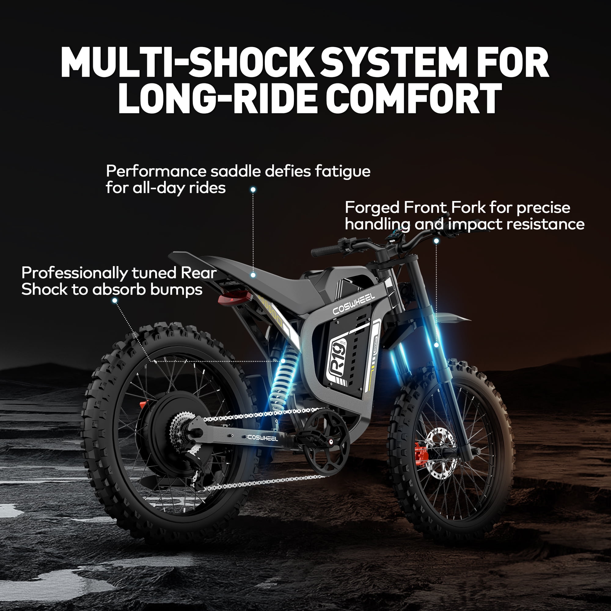 COSWHEEL Electric Bike for Adult, 72V 40AH Electric Dirt Bike, Peak 6000W 19” Tires, 50MPH+ Top Speed, 125 Miles Max Range, Electric Motorcycle Snow, Mountains, Off-Road Ebike for Teens