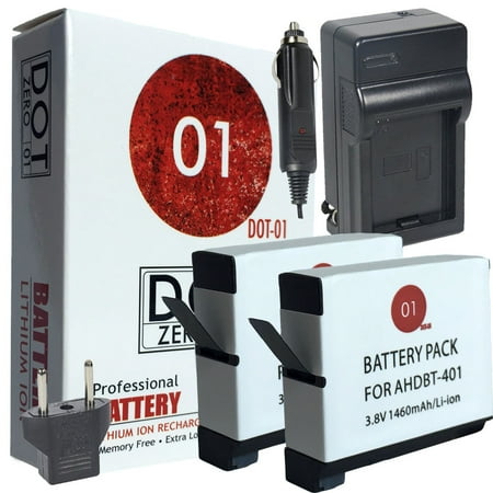 2x DOT-01 Brand 1460 mAh Replacement GoPro AHDBT-401 Batteries and Charger for GoPro HERO4, HERO BLACK, HERO SILVER Camcorder and GoPro AHDBT401
