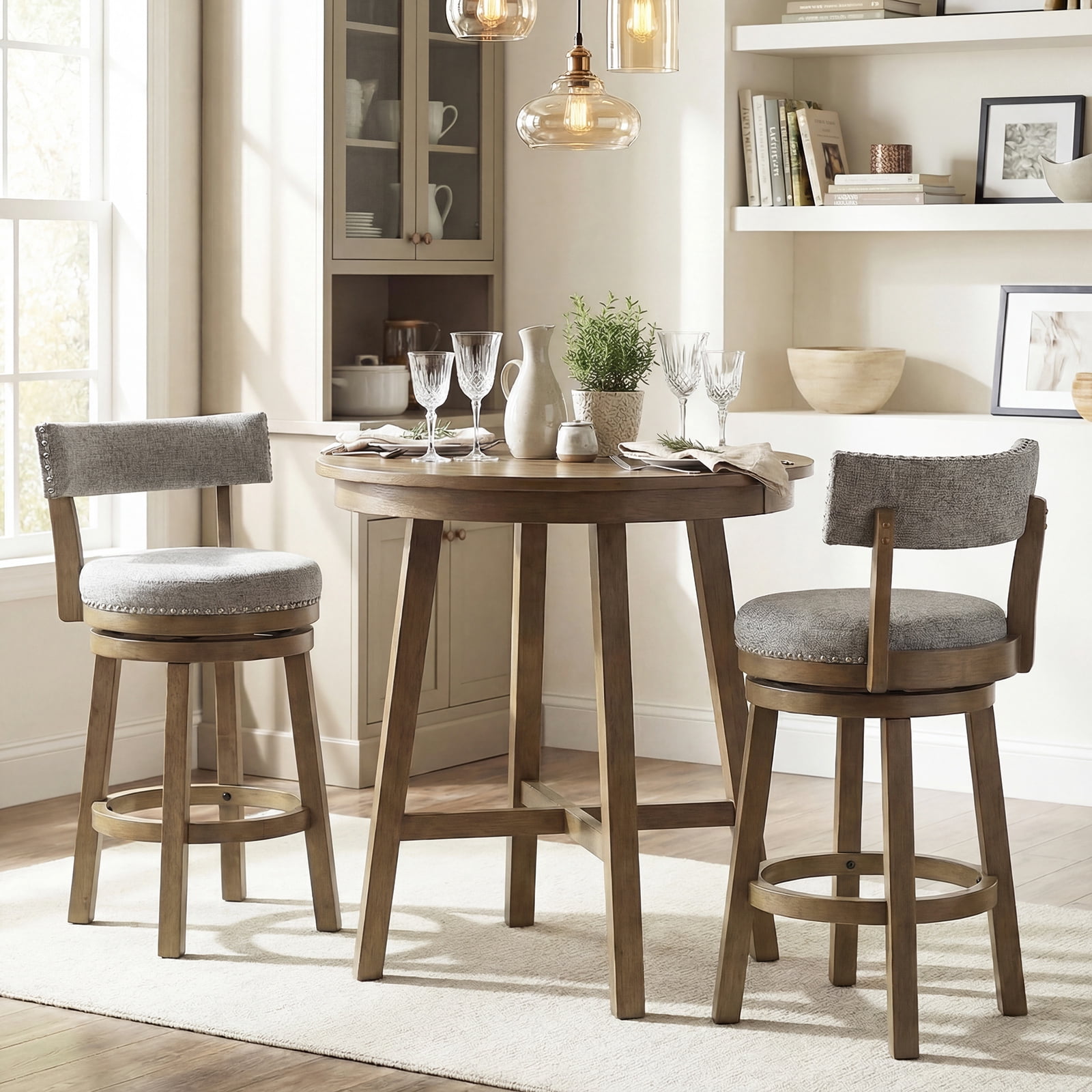 Gymax Swivel Counter Height Bar Stool Upholstered Barstool w/ Padded Back & Rubber Wood Legs