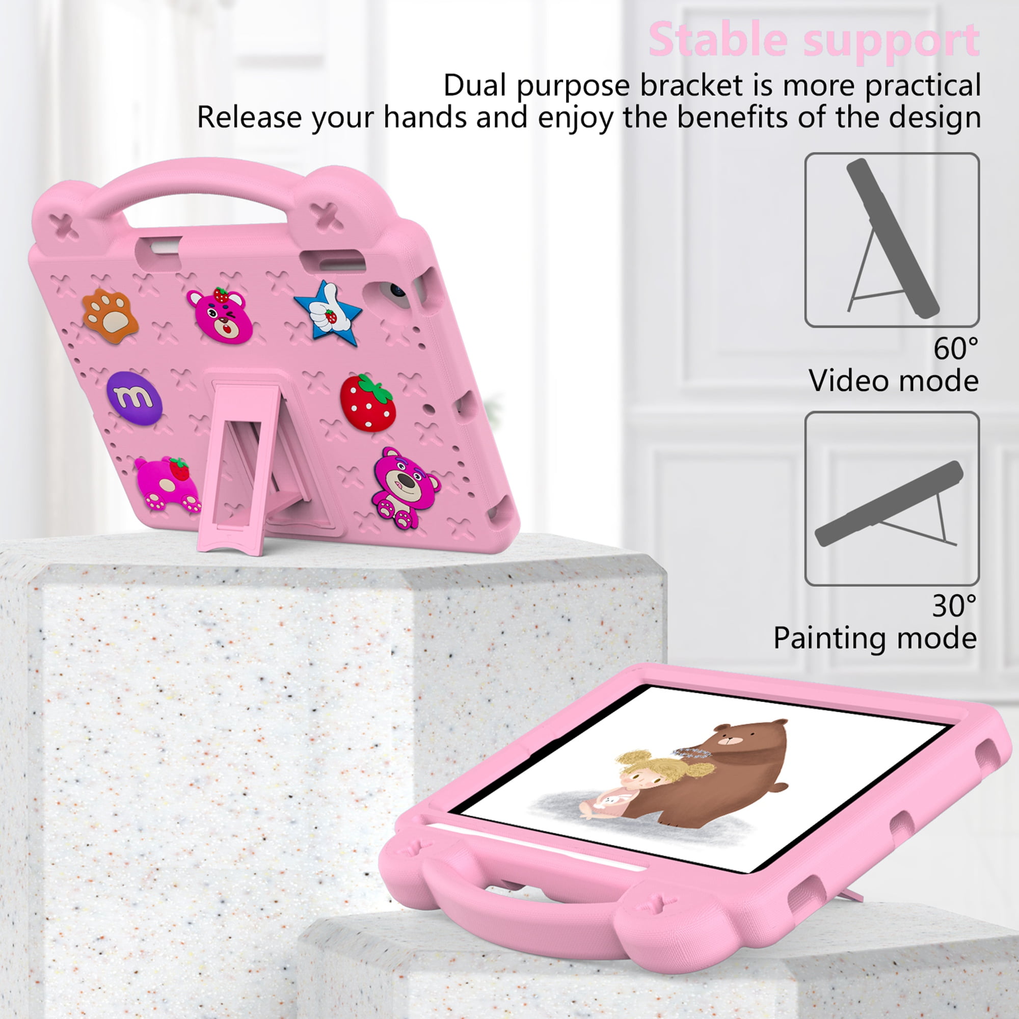 Dteck Kids Case for iPad 6th/5th Generation / iPad Air 2 / iPad Air 9.7 Inch, DIY Cute Cartoon Toys for Kids Child Proof Shockproof iPad 9.7 Case with Handle Stand Pencil Holder,Pink