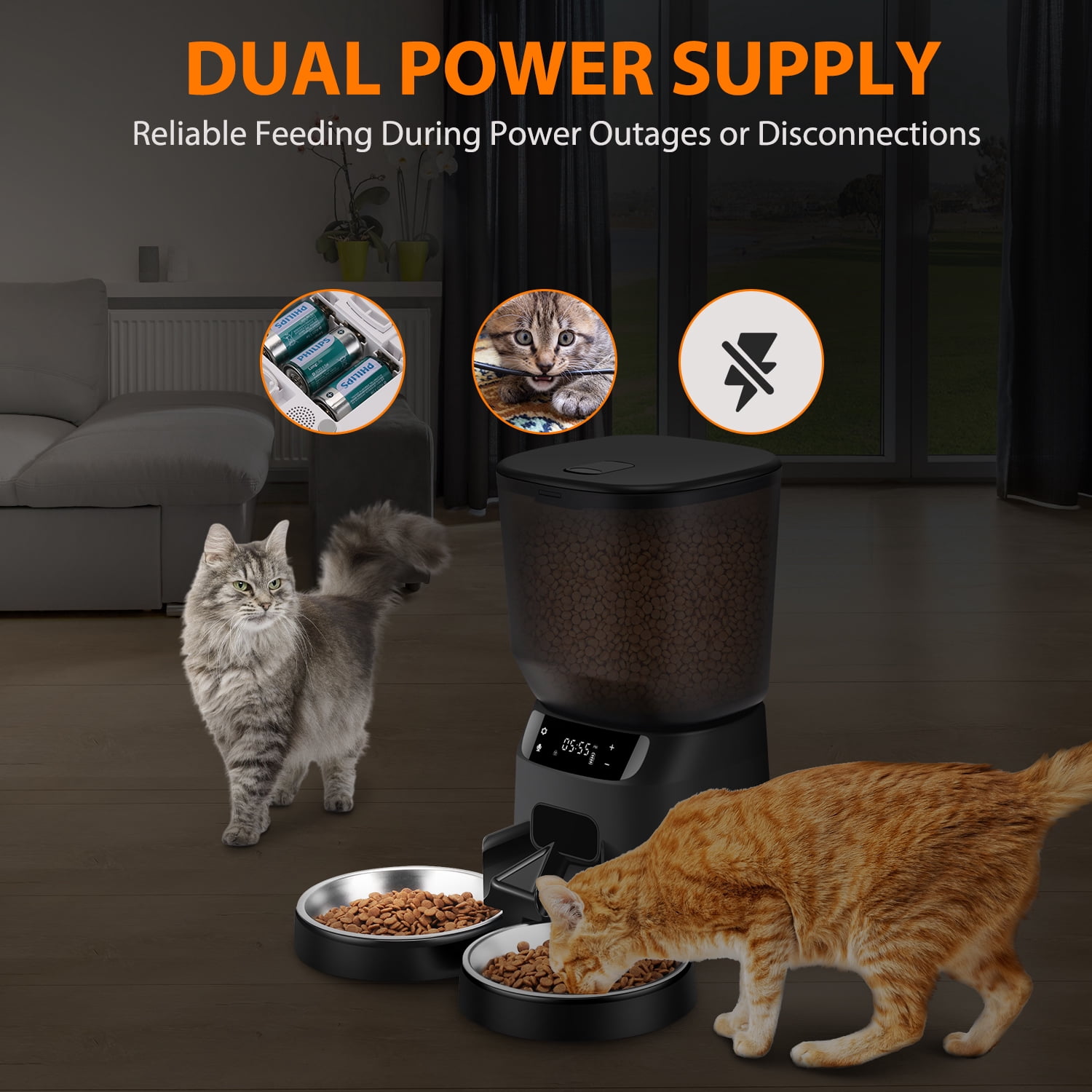 Automatic Cat Feeders for Two Cats, 5L/20 Cups Double Automatic Cat Food Dispenser with 2 Stainless Bowls, Timer Setting 20 Portions 6 Meals Per Day, 10s Meal Call, Pet Feeder for Cat