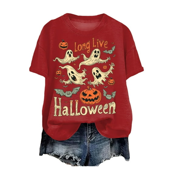 felwors Womens Fall Pumpkin Shirt Cute Ghost Spooky Short Sleeve Witch T-Shirts Halloween Graphic Tees Red, L