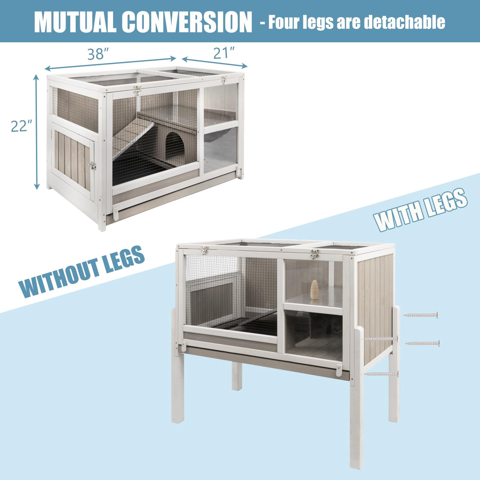 Wooden Guinea Pig Cage with Wire Netting 36.6 Inch Height Outdoor Rabbit Hutch, Detachable Legs Hamster House for Small Animals, Pull Out Tray Included, Grey