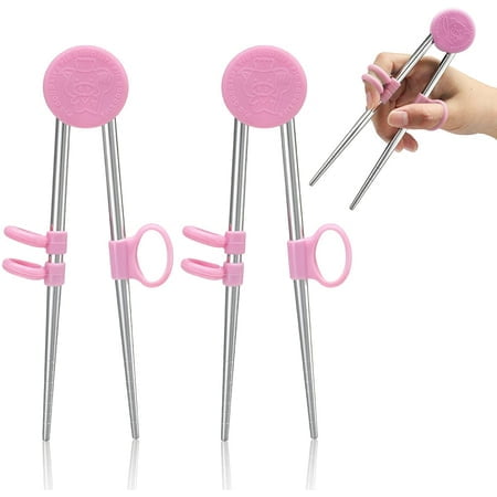 

2 Pairs Training Chopsticks for Kids Children Adult Learning Chopsticks Helper Stainless Steel Reusable Metal Chopsticks (Blue Pink)