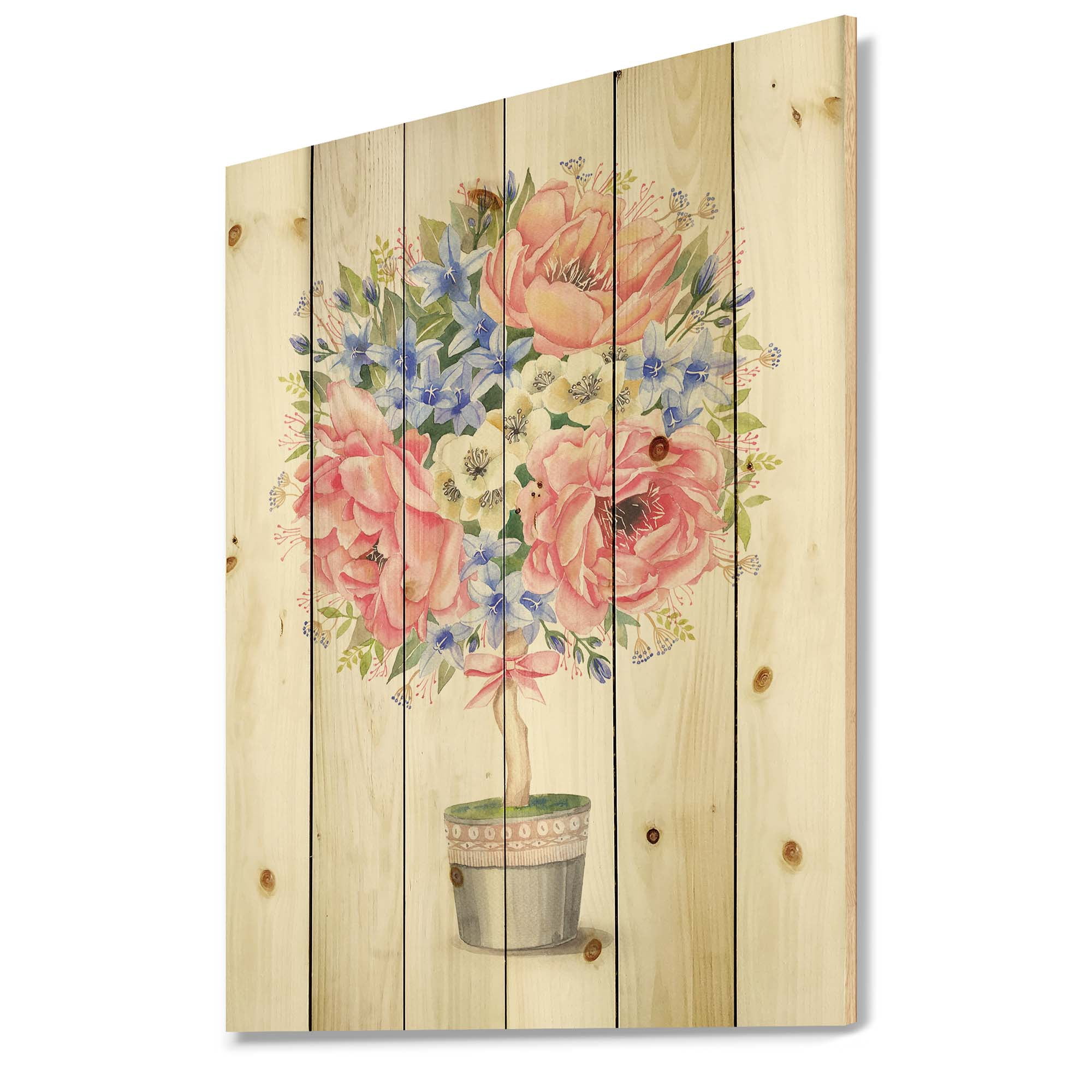 Designart 'A Bow With Flower Tree In A Pot' Farmhouse Print on Natural Pine Wood