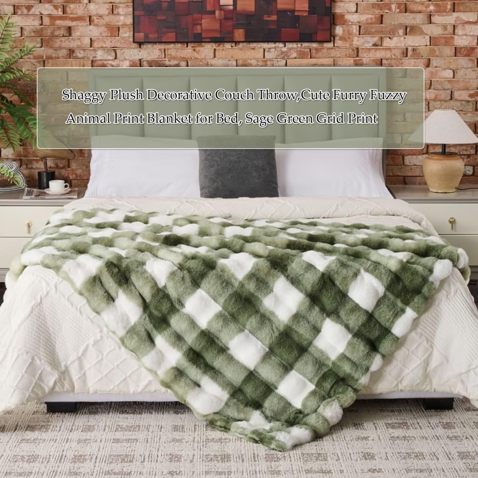760GSM Faux Rabbit Faux Fur Throw Blanket,Super Thick Warm Bubble Blanket Throw,Fuzzy Luxury Plush Decorative Blanket for Couch Bed Sofa(Sage Green Grid Print,60''x 80'')