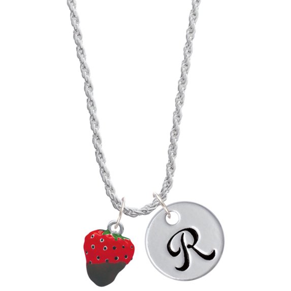 Delight Jewelry Silvertone 3-D Chocolate Dipped Strawberry Silvertone Script Initial Disc - R - Charm Necklace, 20"+3"