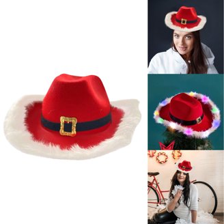 3156 Light Up Santa Cowboy Hat For Adults- Red Christmas With White Light Up LED Red and White Santa Claus Christmas Cowboy Hat  main image 3