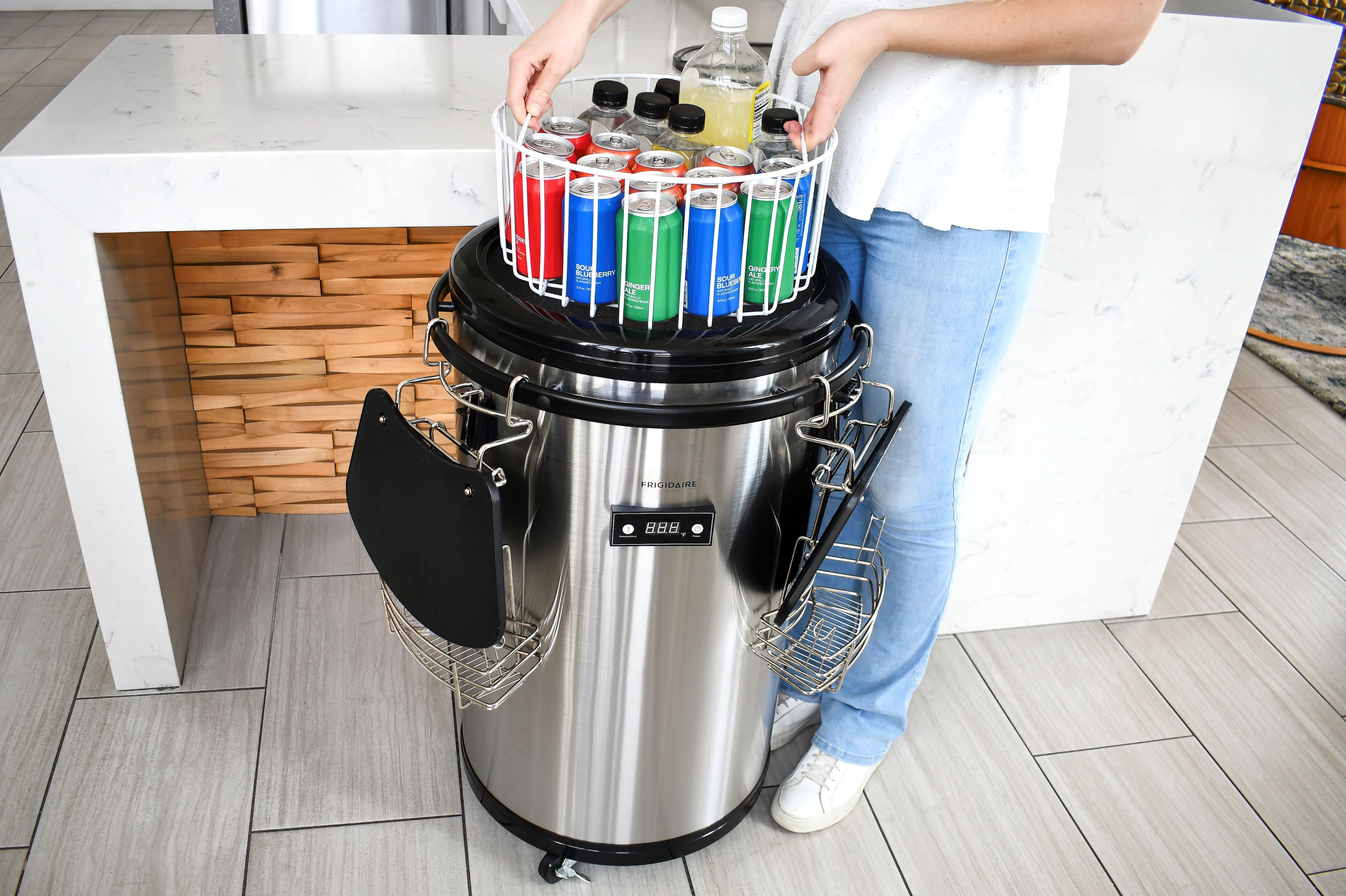 Frigidaire 85 Can Electric Party Cooler with Wheels, Digital Temperature Control, Cooler Cart for Parties, Events, Bar, Stainless Steel