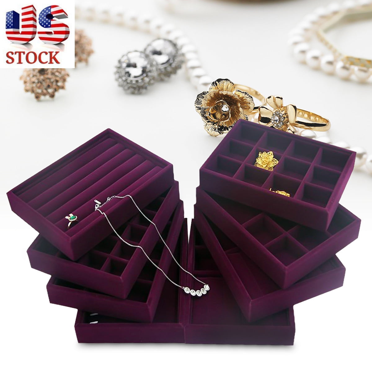 Purple Velvet Earring Organizer Tray Jewelry Display Case Holder Storage Box 
