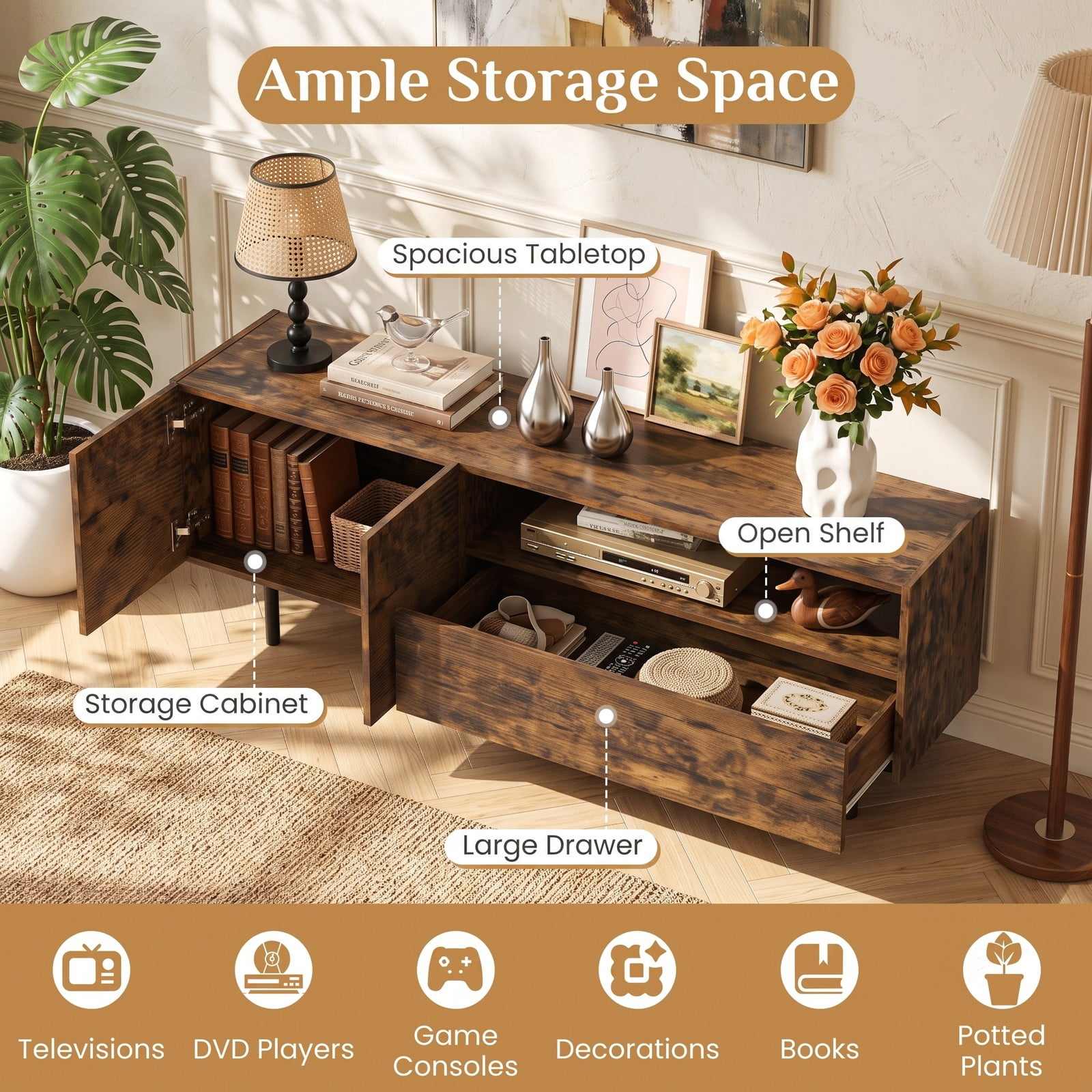 Furnibear 60 inch TV Stand for TVs up to 70 Inch with Storage Cabinet, Open Shelf and Raised Metal Legs, Rustic Farmhouse Entertainment Center Media, Rustic Brown