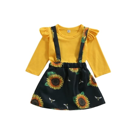 

Canrulo Toddler Baby Girl Clothing Long Sleeve Ruffle T-shirt+Sunflower Suspender Skirt 2Pcs Outfits Yellow 2-3 Years