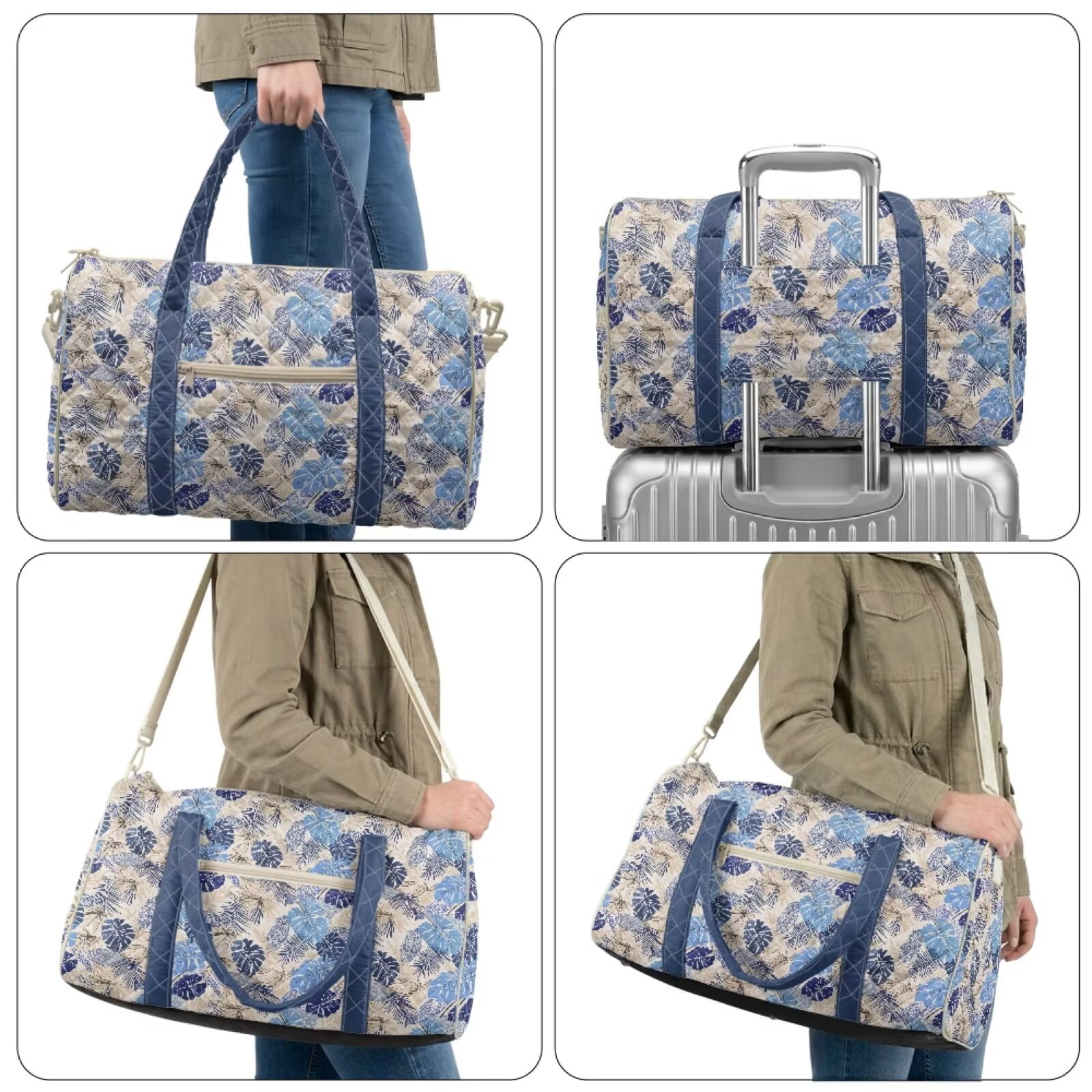 Chririnla Blue Leaf Tropical Pattern Lightweight Fitness Bag for Women with Smooth Zipper & Luggage Handle Strap Large Capacity Athletic Duffle Fits Gym