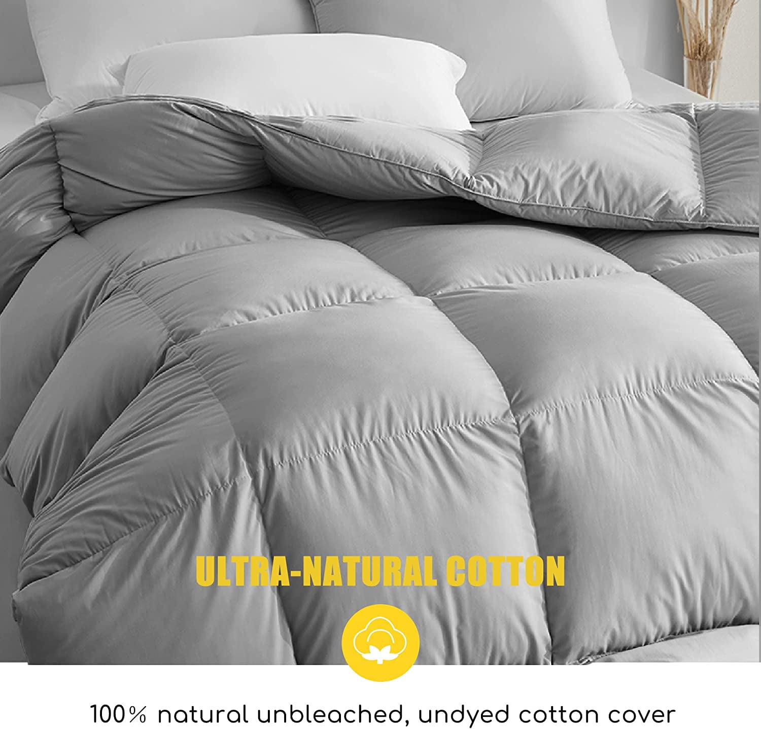 DOMDEC Goose Down Quilted Comforter with Corner Tabs, 100% Cotton Shell Duvet Insert, 450 Fill Power - All Season Grey, Queen Size 90x90 Inches