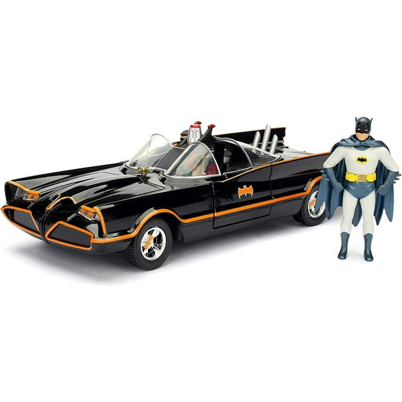 Jada Toys DC Comics 1966 Classic TV Series Batmobile with Batman and Robin figures; 1:24 Scale Metals Die-Cast Collectible Vehicle