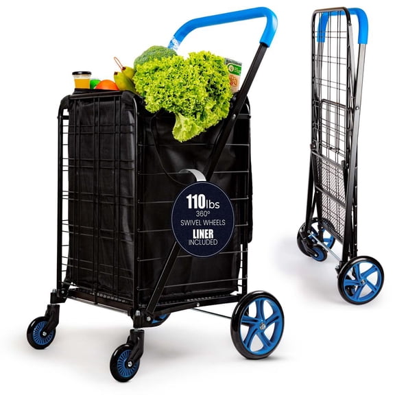 SereneLife Large Folding Utility Shopping Cart with Removable Liner, Heavy-Duty Portable Cart with 360° Swivel Wheels, 110 lb Capacity for Groceries, Laundry & Luggage (Blue)