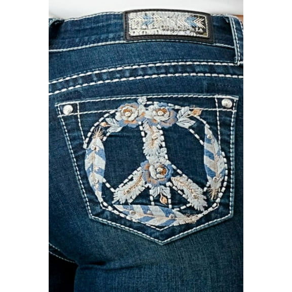 Grace in LA Women's Peace Sign Feather Rose Floral Embroidered Bootcut Jeans (25, Dark Blue)
